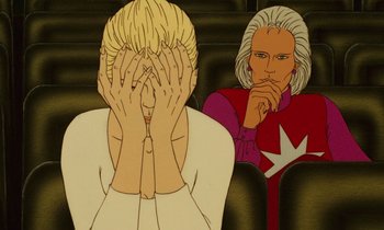 Movie still from “The Masters of Time” (1982), directed by René Laloux – A cartoon of two people with their hands over their faces; Close Up shot, Over the shoulder angle