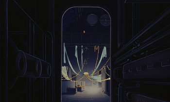Movie still from “The Masters of Time” (1982), directed by René Laloux – An open door leading to a room with lights and decorations; Extreme Wide shot, High angle
