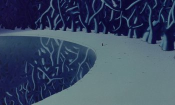 Movie still from “The Masters of Time” (1982), directed by René Laloux – A bird is standing on the ground next to the water; Extreme Wide shot, High angle