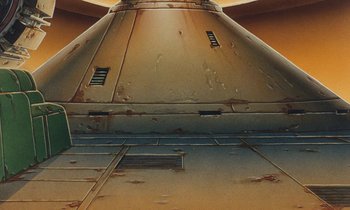 Movie still from “The Masters of Time” (1982), directed by René Laloux – An old rusted kitchen stove with vents on the side; Extreme Wide shot, Low angle