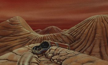 Movie still from “The Masters of Time” (1982), directed by René Laloux – A painting of a desert landscape with a watch on the ground; Extreme Wide shot, Overhead angle