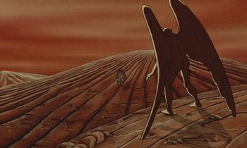 Movie still from “The Masters of Time” (1982), directed by René Laloux – An animated scene of an angel walking on a ramp; Extreme Wide shot, High angle