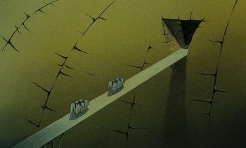 Movie still from “The Masters of Time” (1982), directed by René Laloux – A group of people standing on top of a long pole; Extreme Wide shot, Low angle