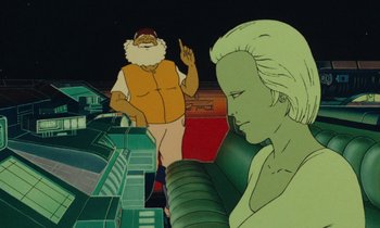 Movie still from “The Masters of Time” (1982), directed by René Laloux – An animated scene of a man and a woman; Medium shot, Low angle