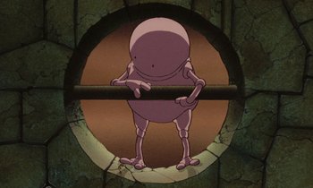 Movie still from “The Masters of Time” (1982), directed by René Laloux – An animated character holding onto a stick; Wide shot, Low angle