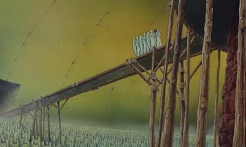 Movie still from “The Masters of Time” (1982), directed by René Laloux – An oil painting of a group of people standing on a bridge; Extreme Wide shot, Low angle