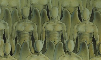 Movie still from “The Masters of Time” (1982), directed by René Laloux – A group of men standing next to each other; Extreme Close Up shot, Overhead angle