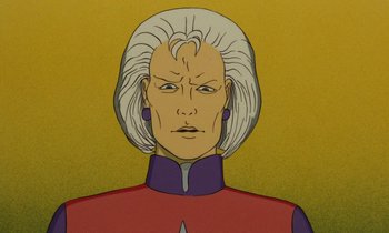 Movie still from “The Masters of Time” (1982), directed by René Laloux – An older woman with white hair is looking at the camera; Close Up shot, Low angle