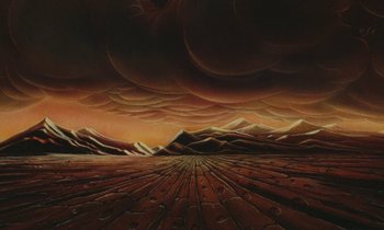 Movie still from “The Masters of Time” (1982), directed by René Laloux – An oil painting of an open field with mountains in the background; Extreme Wide shot, Low angle