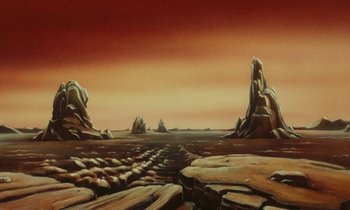 Movie still from “The Masters of Time” (1982), directed by René Laloux – An oil painting of an alien landscape with rocks; Extreme Wide shot, High angle