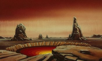 Movie still from “The Masters of Time” (1982), directed by René Laloux – An oil painting of an alien landscape with rocks and lava; Extreme Wide shot, High angle