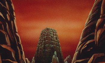Movie still from “The Masters of Time” (1982), directed by René Laloux – An image of a painting of a mountain with a red sky in the background; Extreme Wide shot, Low angle