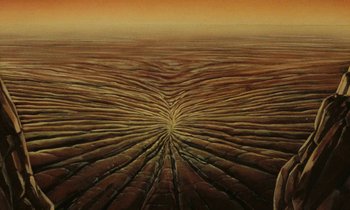 Movie still from “The Masters of Time” (1982), directed by René Laloux – An image of an image of an image of an image of an image of an image of an image of an image of an image of an image; Extreme Wide shot, Overhead angle