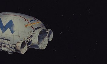 Movie still from “The Masters of Time” (1982), directed by René Laloux – An illustration of a space ship in space; Extreme Wide shot, Overhead angle