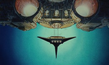 Movie still from “The Masters of Time” (1982), directed by René Laloux – An illustration of an airplane flying through the sky; Extreme Wide shot, Low angle