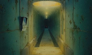 Movie still from “The Masters of Time” (1982), directed by René Laloux – An image of an empty tunnel in the middle of the night; Extreme Wide shot, High angle
