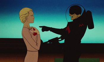 Movie still from “The Masters of Time” (1982), directed by René Laloux – An animated scene of a man pointing at a woman in a pink dress; Medium shot, Over the shoulder angle