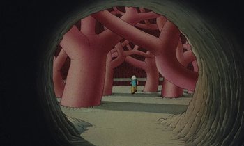 Movie still from “The Masters of Time” (1982), directed by René Laloux – A cartoon of a person walking through a tunnel; Extreme Wide shot, High angle