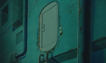 Movie still from “The Masters of Time” (1982), directed by René Laloux – The door of a train; Extreme Wide shot, Low angle