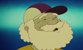 Movie still from “The Masters of Time” (1982), directed by René Laloux – An old man with a beard and a hat on; Extreme Close Up shot, Low angle