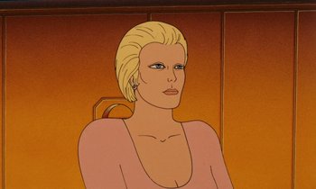 Movie still from “The Masters of Time” (1982), directed by René Laloux – A woman with blonde hair is sitting in front of a wall; Close Up shot, Low angle