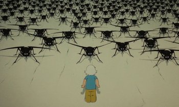 Movie still from “The Masters of Time” (1982), directed by René Laloux – A man standing in front of a bunch of bugs; Extreme Wide shot, High angle