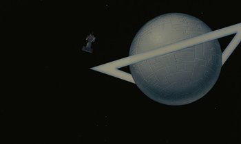 Movie still from “The Masters of Time” (1982), directed by René Laloux – An image of an image of an object in the sky; Extreme Wide shot, Low angle