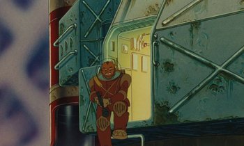 Movie still from “The Masters of Time” (1982), directed by René Laloux – An animation of a man holding a gun in his hand; Wide shot, High angle