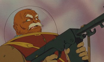Movie still from “The Masters of Time” (1982), directed by René Laloux – An animated picture of a man holding a gun in his hand; Close Up shot, Low angle