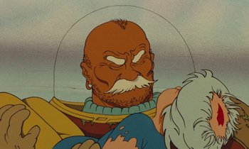 Movie still from “The Masters of Time” (1982), directed by René Laloux – An animated picture of a man with a beard and mustache; Close Up shot, Low angle