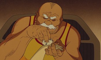 Movie still from “The Masters of Time” (1982), directed by René Laloux – An old man eating something while sitting on a chair; Extreme Close Up shot, Low angle