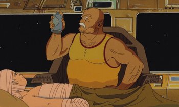 Movie still from “The Masters of Time” (1982), directed by René Laloux – An animated man is holding a drink in his hand; Medium shot, Low angle