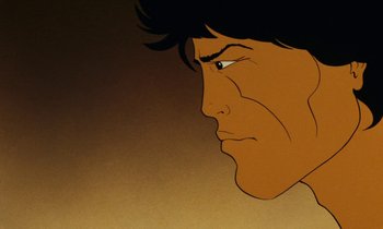 Movie still from “The Masters of Time” (1982), directed by René Laloux – An animated face of a man looking to his left; Extreme Close Up shot, Low angle