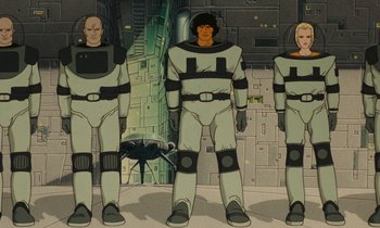 Movie still from “The Masters of Time” (1982), directed by René Laloux – A group of men standing next to each other in spacesuits; Wide shot, Low angle