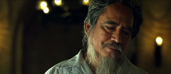 Movie still from “The Mexican” (2001), directed by Gore Verbinski – An older man with long grey hair and a beard; Close Up shot, Low angle