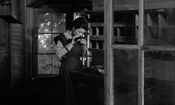 Movie still from “The Miracle Worker” (1962), directed by Arthur Penn – A woman taking a picture in a room with windows; Medium shot, Low angle