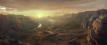 Movie still from “The Monkey King 2” (2016), directed by Soi Cheang – An artist's rendering of a sunset over a mountain range; Extreme Wide shot, High angle