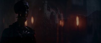 Movie still from “The Monster Squad” (1987), directed by Fred Dekker – A dark picture of a castle with a light shining on it; Close Up shot, Low angle