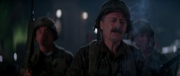 Movie still from “The Monster Squad” (1987), directed by Fred Dekker – A man with a mustache wearing a military uniform; Close Up shot, Low angle