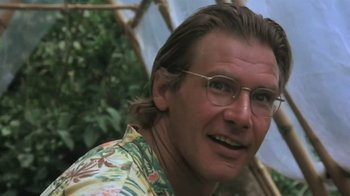 Movie still from “The Mosquito Coast” (1986), directed by Peter Weir – A person wearing glasses and a hawaiian shirt; Close Up shot, Low angle