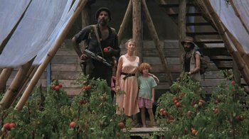 Movie still from “The Mosquito Coast” (1986), directed by Peter Weir – A man and a woman and a child standing in front of a wooden house; Wide shot, Low angle