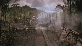 Movie still from “The Mosquito Coast” (1986), directed by Peter Weir – An image of an abandoned area in the jungle; Extreme Wide shot, High angle