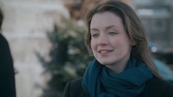 Movie still from “The Moth Diaries” (2011), directed by Mary Harron – A person wearing a blue scarf; Close Up shot, Over the shoulder angle