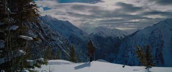 Movie still from “The Mountain Between Us” (2017), directed by Hany Abu-Assad – A person is standing on a snowy hill with skis; Extreme Wide shot, Low angle