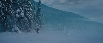Movie still from “The Mountain Between Us” (2017), directed by Hany Abu-Assad – A person skiing down a hill near a forest; Extreme Wide shot, High angle