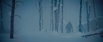 Movie still from “The Mountain Between Us” (2017), directed by Hany Abu-Assad – A person walking in the snow near some trees; Extreme Wide shot, Low angle