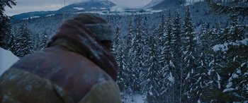 Movie still from “The Mountain Between Us” (2017), directed by Hany Abu-Assad – A person standing in front of a forest covered in snow; Extreme Wide shot, Over the shoulder angle