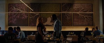Movie still from “The Mountain Between Us” (2017), directed by Hany Abu-Assad – A man and a woman standing in front of a table; Medium shot, Low angle