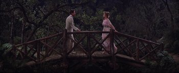 Movie still from “The Music Man” (1962), directed by Morton DaCosta – A man and a woman walking across a wooden bridge; Wide shot, High angle