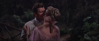 Movie still from “The Music Man” (1962), directed by Morton DaCosta – A man and a woman are kissing in the dark; Medium shot, Over the shoulder angle